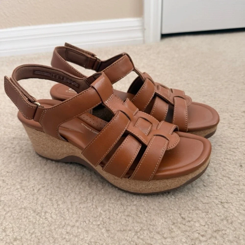 Clarks Collection Women x Jane Leather Tan Brown Strappy Wedge Sandals 9.5 M